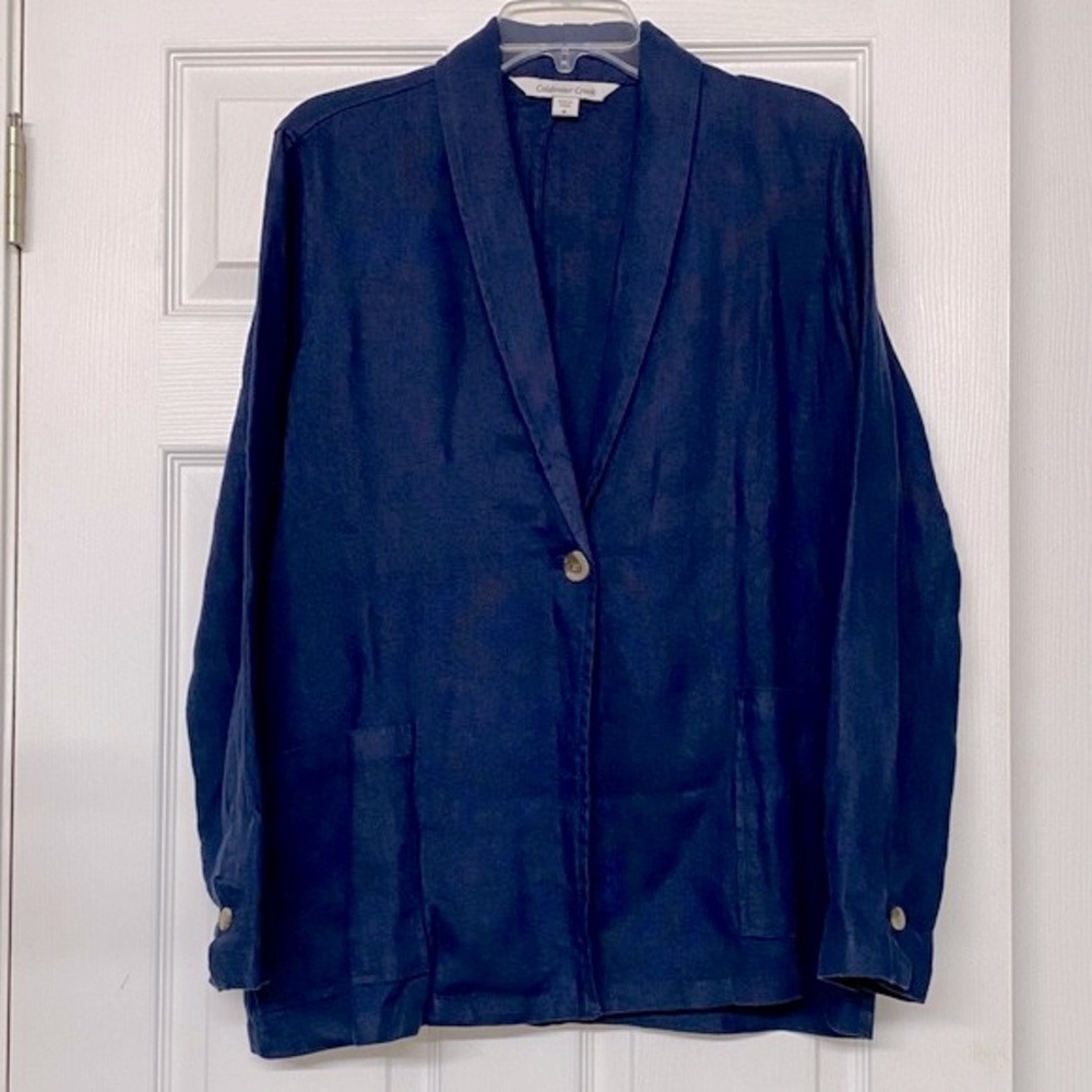 Coldwater Creek 100% Linen Long Line Navy Blue Relaxed Fit Jacket Blazer Sz M
